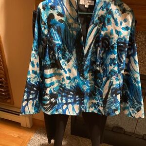 Jones New York Blue and Black Abstract Blazer and black slacks